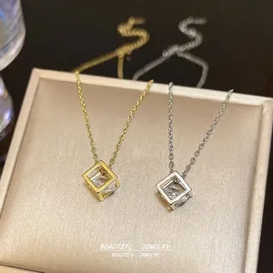 Square cube pendant necklaces with zircon inlay in gold and silver stainless steel