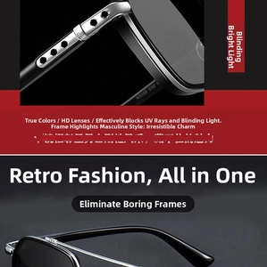 Macro detail of high-definition polarized lenses and silver metal frame of men's sunglasses