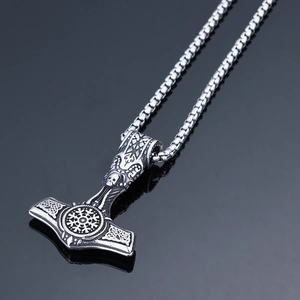 Vintage stainless steel Viking Thor's Hammer necklace with compass and skull engravings