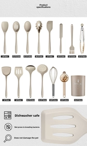 Detailed 15-piece heat-resistant silicone kitchen utensil set in beige with storage bucket