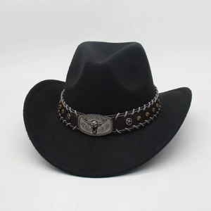 Close-up of black cowboy hat with leather band, silver bull head and star rivets