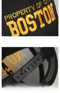 Dettaglio ricamo 3D Boston su cappellino baseball in rete nera con snapback regolabile