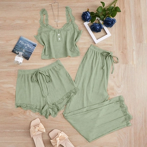 Three-piece ribbed loungewear set with lace trim featuring cami, shorts, and trousers