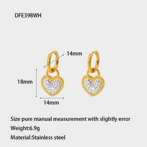 Detailed dimensions of gold plated heart earrings with pavé crystals on stainless steel