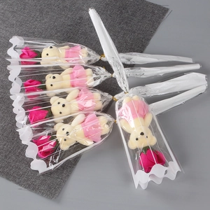 5-piece set of soap rose flowers with cute teddy bear dolls in decorative gift bags