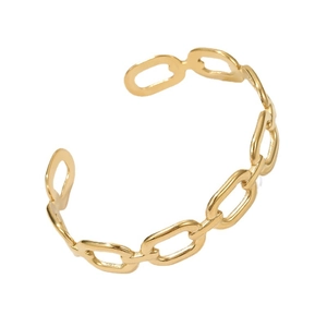 Polished gold titanium steel open bangle with interlocking oval chain link design