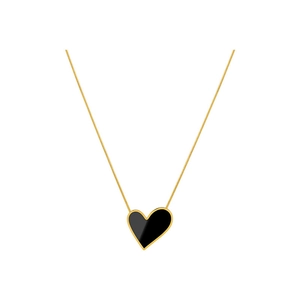 Elegant black heart pendant necklace with gold trim on a minimalist golden chain