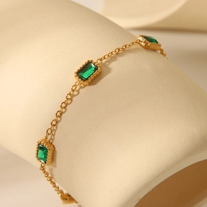 Elegant 18K gold plated stainless steel chain bracelet with emerald green zircon stones