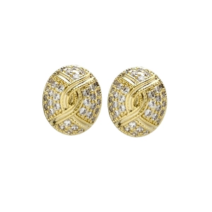 Vintage gold oval stud earrings featuring a cross pattern and pave-set zircons