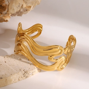 Modern 18k gold plated stainless steel wide open cuff bracelet with wavy cutout design
