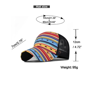 Detail view of colorful geometric striped baseball cap with size dimensions and mesh back