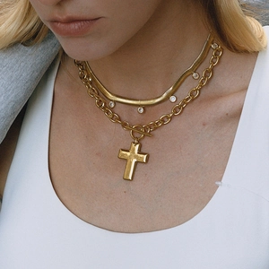 Double layered gold titanium steel cross necklace with OT buckle and zircon charms