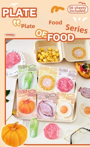 Detailed view of 30-piece realistic food sticky notes featuring pumpkin and cabbage designs