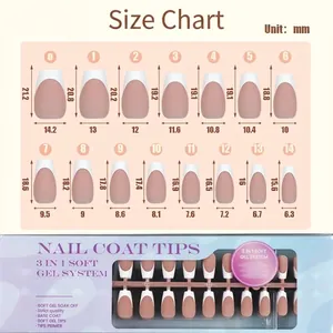 French press-on nail size chart with 15 nude pink soft gel tip specifications in a box
