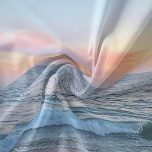 Detailed macro view of soft fabric texture featuring a scenic blue ocean and sunset print