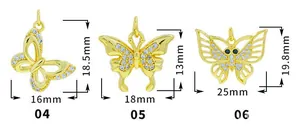 Detailed measurement data for micro-pave zircon butterfly charms with 18K gold plating