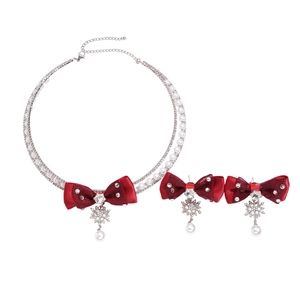 Christmas jewelry set with red bow, crystal snowflake pendants and faux pearls necklaces