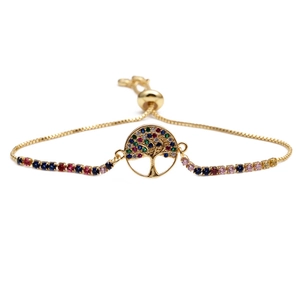 Gold tree of life bracelet with colorful zircon stones and adjustable box chain