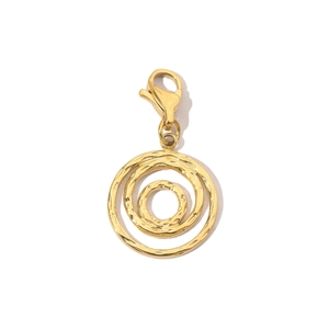 Close-up of golden stainless steel round pendant with hammered texture and lobster clasp