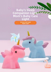 Detail view of pink and blue unicorn night lights with soft eye-protection LED glow