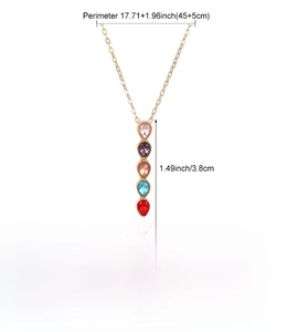 Detail of colorful teardrop pendant necklace with gold chain and 45cm length measurements