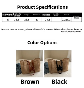 Detailed size chart for large woven tote bag with star patch in black and brown colors
