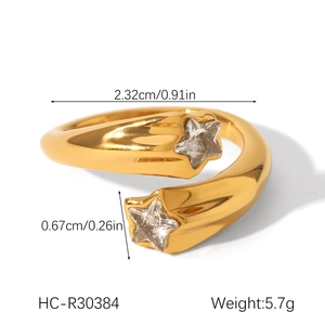 Detail showing 18K gold stainless steel open ring with sparkling zircon stars and dimensions