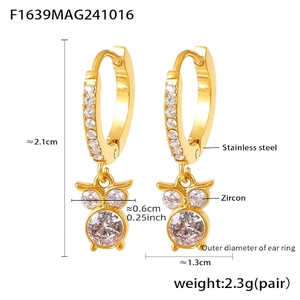 Detailed size chart for gold owl drop earrings with dimensions and stainless steel material