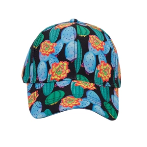Black baseball cap with vibrant tropical cactus and flower print for sun protection