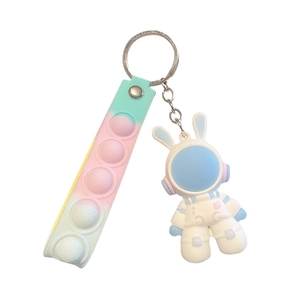 Cute astronaut rabbit keychain with colorful silicone pop fidget strap and metal ring