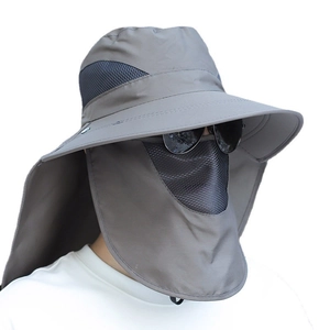 Men's wide brim sun hat with neck flap and face mask in dark grey for outdoor fishing