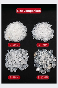 Size comparison of clear white crystal quartz chips from 3mm to 12mm on black background