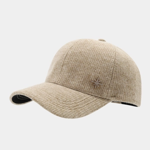 Chic beige corduroy baseball cap with a sparkling rhinestone star emblem for women