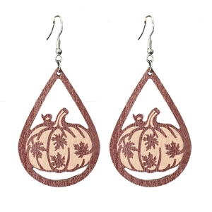 Wooden teardrop earrings with pumpkin and maple leaf patterns for Thanksgiving