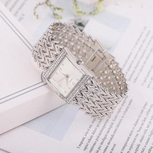 Silver square fashion watch for women with rhinestone bezel and geometric metal bracelet