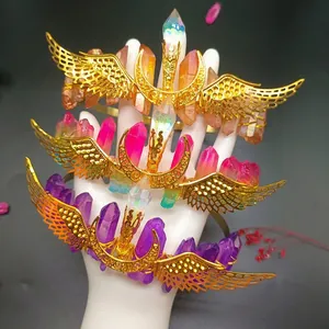 Handmade Natural Crystal Crown Headband Golden Wings Moon Quartz Point Tiara For Women Bohemian Fantasy Party Hair Jewelry