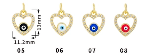 Detail showing dimensions and colors of heart-shaped evil eye pendants with zircons