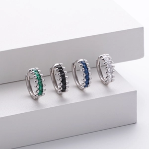 S925 sterling silver hoop earrings with zircon stones in blue, green, black and clear colors