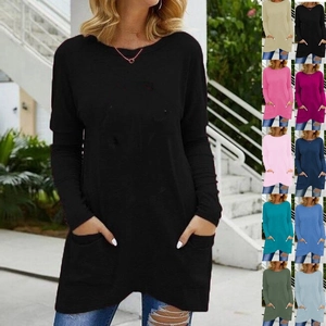 Women Batwing Long Sleeve T-Shirt Solid Color Round Neck Top With Pockets Casual Polyester Embroidered Loose Longline Clothing