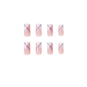 Faux ongles French rose et blanc géométriques de forme carrée longue avec traits violets