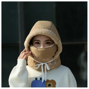 Detail of khaki windproof winter hood with thick plush lining and adjustable drawstrings