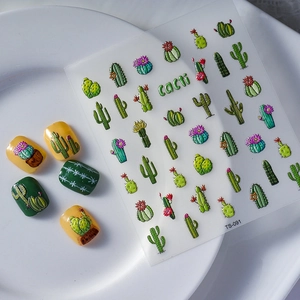 Autocollants 5D pour ongles cactus vert avec motifs de feuilles 3D pour manucure pro