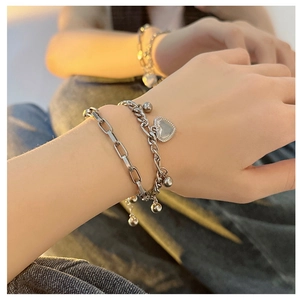 Double-layered silver titanium steel bracelet with heart charm and beads for women