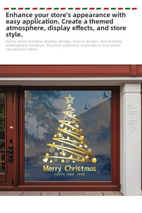 Golden spiral Christmas tree window decal with star and snowflake decorations on glass