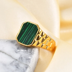Vintage Square Signet Ring For Men Stainless Steel With Mother Of Artificial Pearl Malachite Watch Band Texture Punk Style