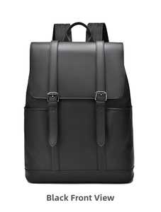 Front view of black matte PU leather backpack with magnetic metal buckles and flap design
