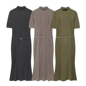 Three mock neck short sleeve knit dresses with belts in grey, taupe, and olive green