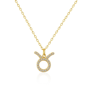 Detailed close-up of 18k gold plated Taurus constellation pendant with white crystals