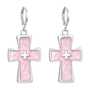 Classic silver cross earrings with pink marble resin inlay for women hip hop style