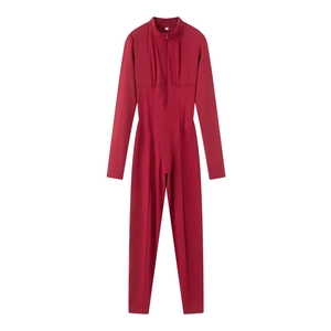 Burgundy mock neck long sleeve bodysuit with half-zipper and waist shaping fit